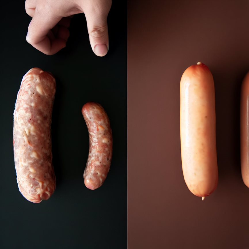 Visual comparison between sausages made with natural and artificial casings.